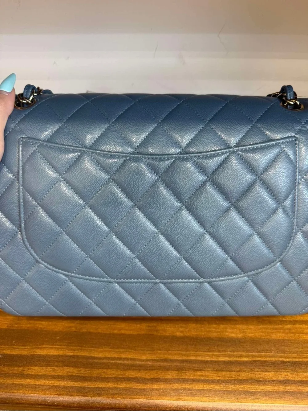 CHANEL Blue Quilted Caviar Double Flap Shoulder Bag with Gold Hardware